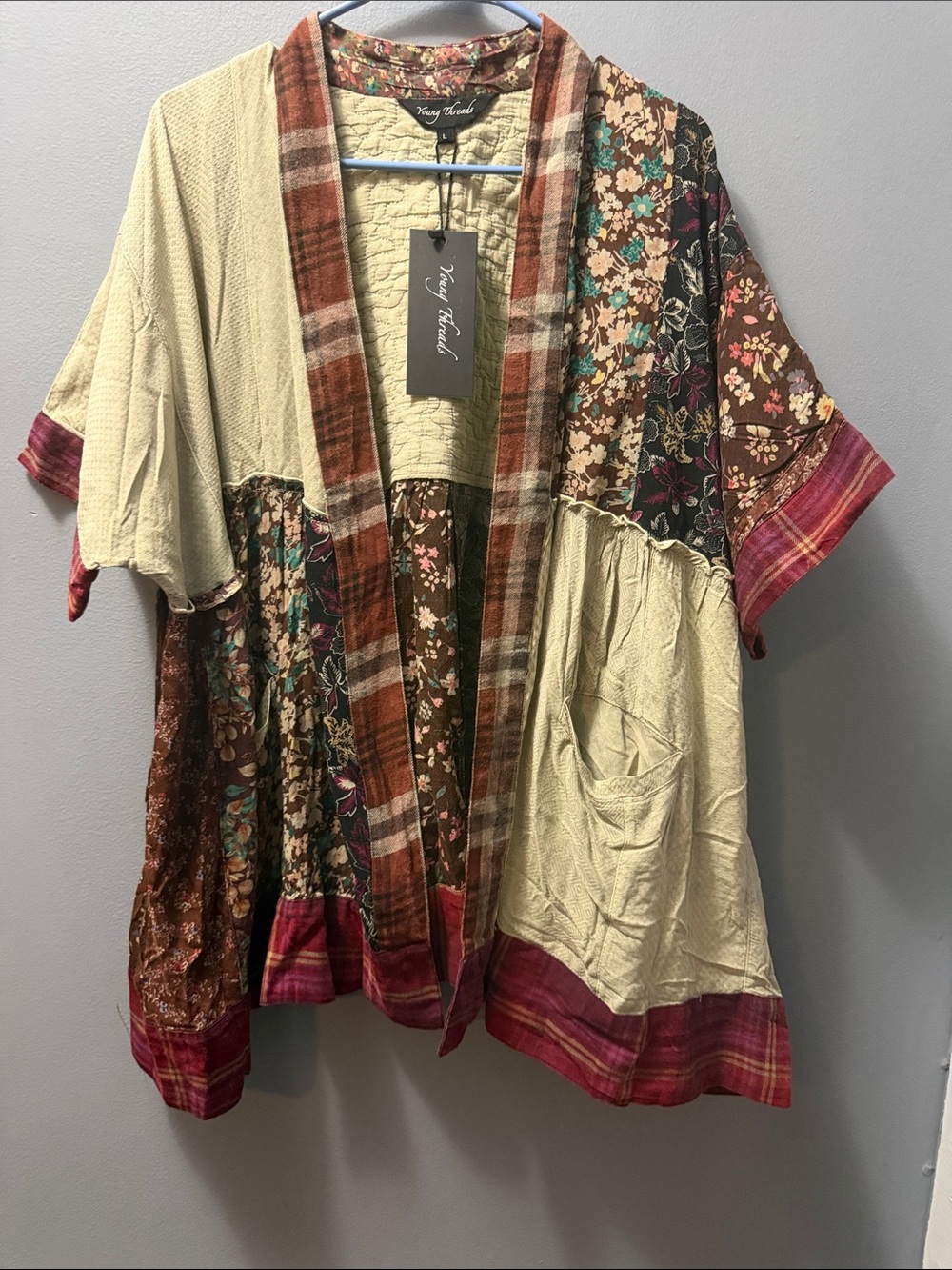 Young Threads Patchwork Kimono Cardigan in Cream and Brown